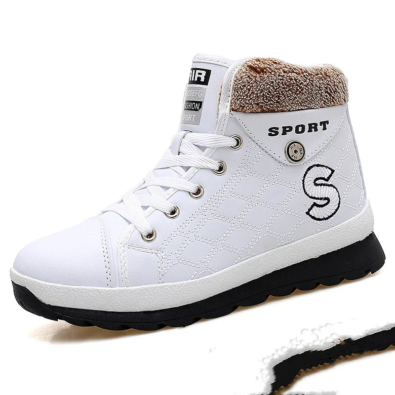 Leather High-waist Velvet Warm Flat-bottomed Middle School Short Boots in stylish white color with cross-strap detailing