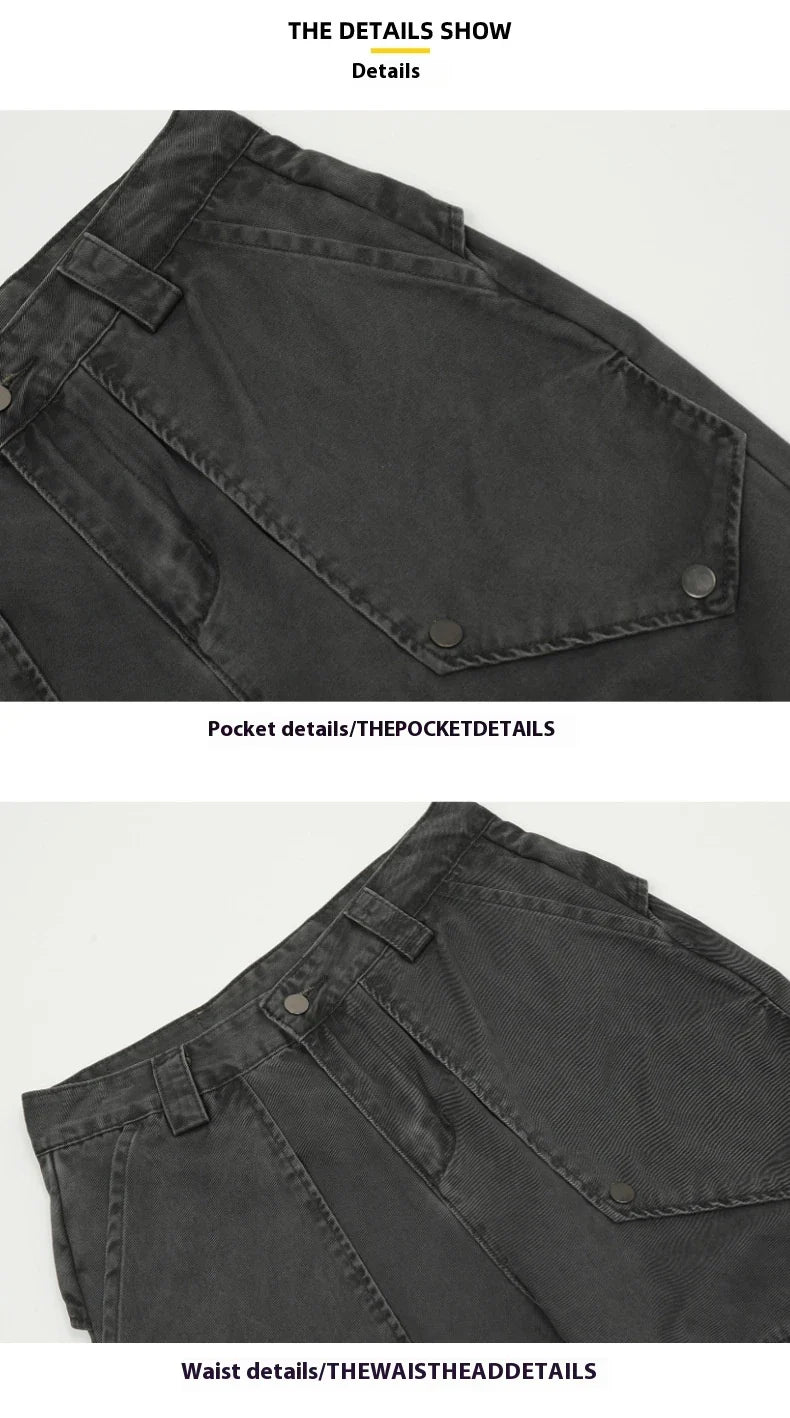 Black washed micro-flared trousers with pleated design and large pockets, perfect for the modern Kiwi lifestyle