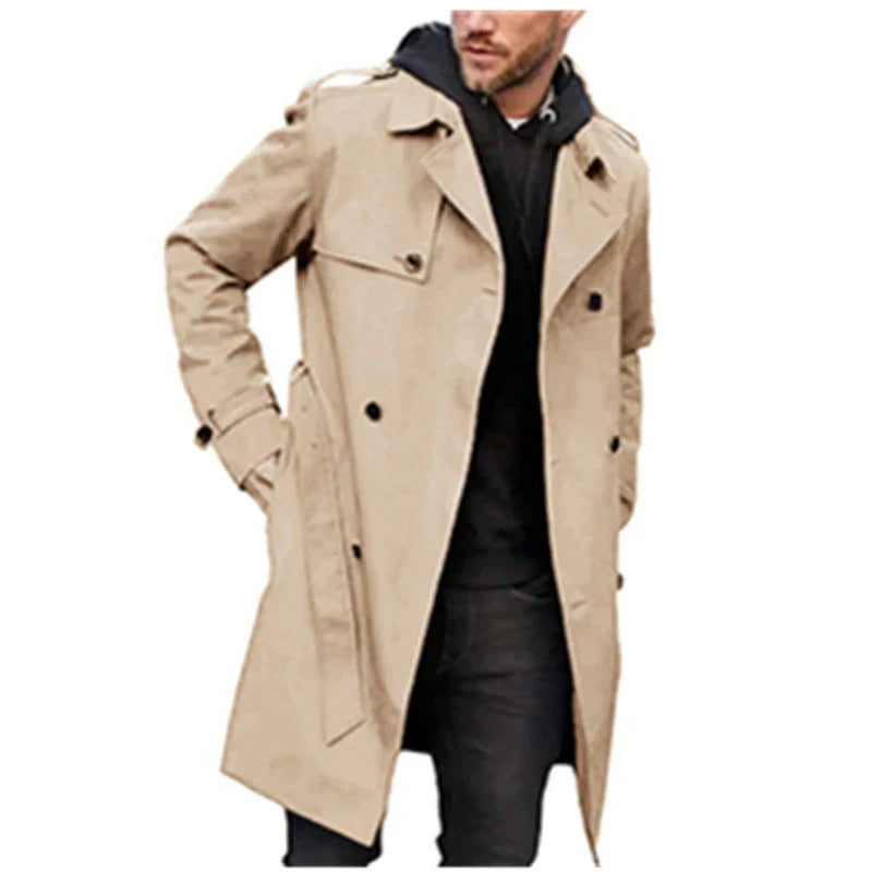 A stylish long sleeve trench coat in a slim, tailored fit with a double-breasted closure and practical side pockets