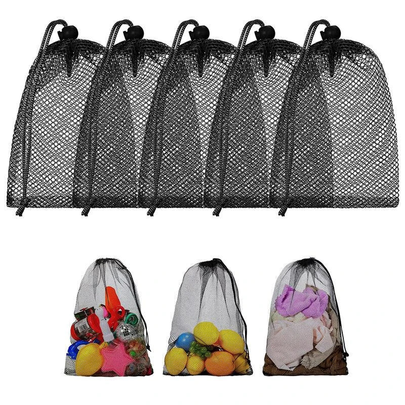 Nylon mesh drawstring storage bag in various sizes, suitable for storing sports gear, laundry, and more