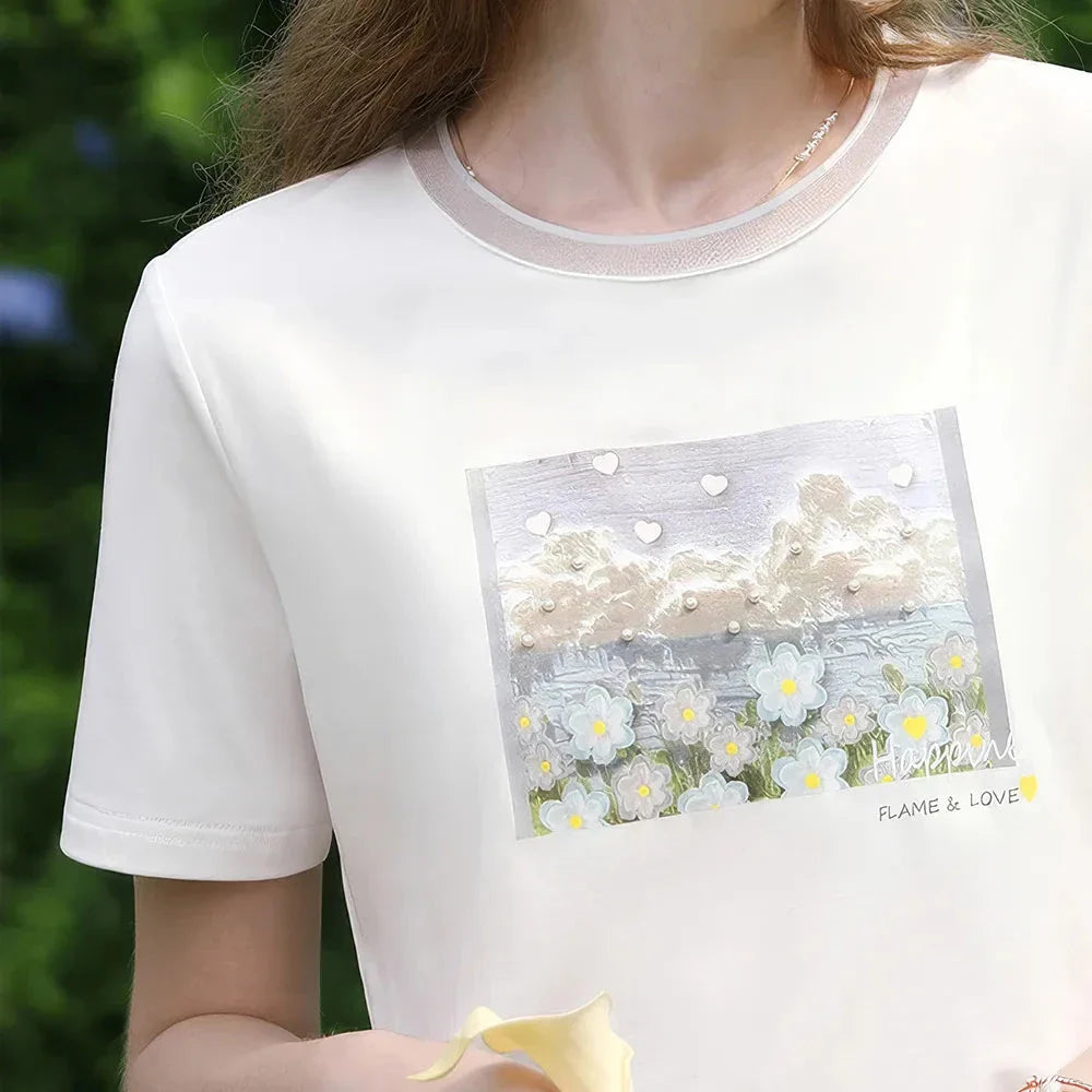 Cool Cotton Oil Graphic T-shirt for Women in White, featuring a unique natural scenery pattern with artistic elements