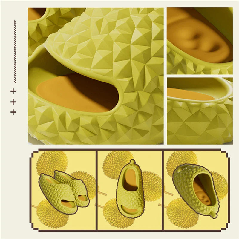 Durian-inspired slippers in vibrant Kiwi-friendly colours, featuring a non-slip EVA sole for comfort and safety