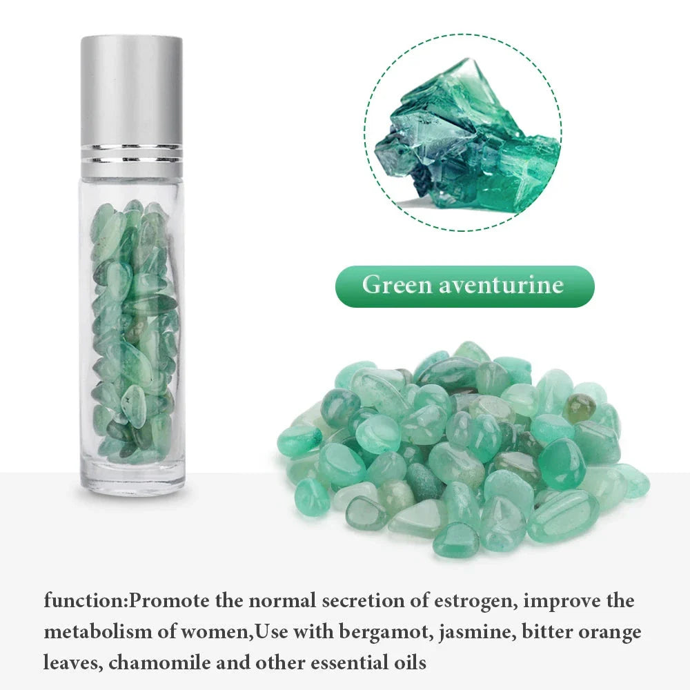 10ml Natural Gemstone Essential Oil Roller Bottles with Jade Rollers and Crystal Chips, Perfect for Kiwi Self-Care Routines