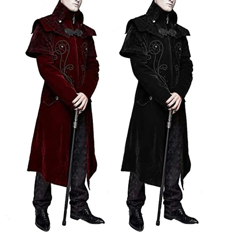 Men's Gothic Halloween Coat with Stand Collar - Stylish and Durable Polyester Blend Jacket in Black