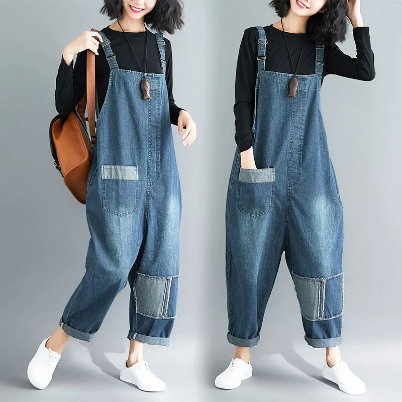 Women's plus-size denim overalls featuring a sustainable, high-waist design with distressed detailing