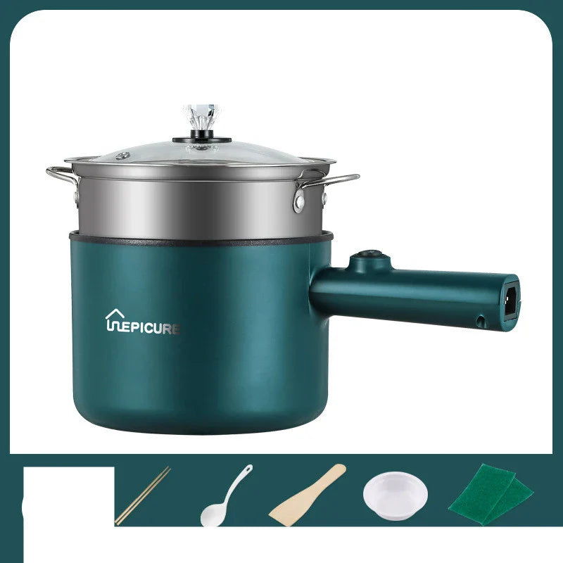 Versatile electric cooker in Emerald Green and Sapphire Blue colours, featuring manual and smart pot models with steaming grids for a range of cooking functions.