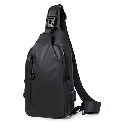 Eco-friendly sling backpack in blue, black, and grey colours with adjustable strap for hands-free wear