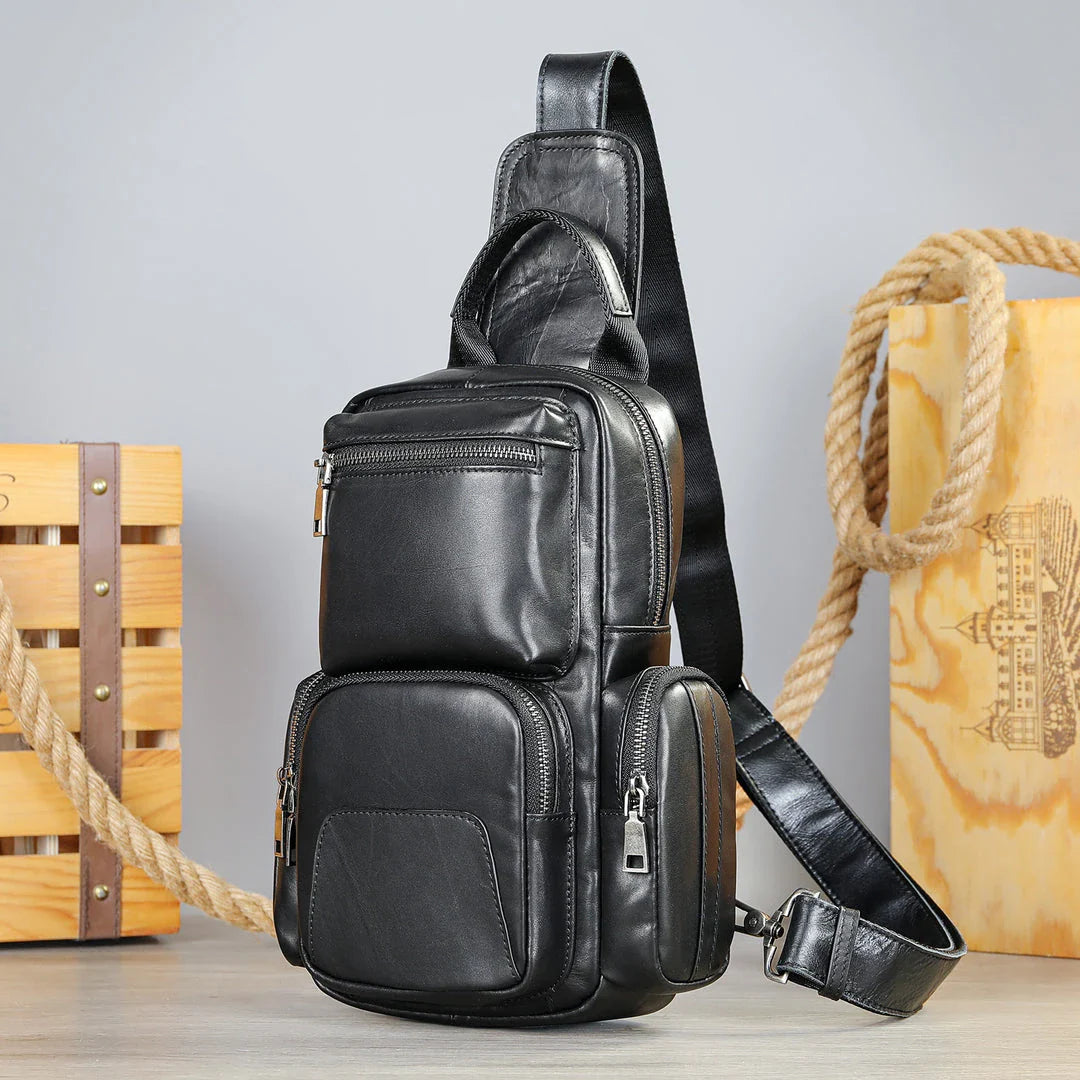 A premium cowhide chest bag with a sleek, minimalist design, perfect for the modern Kiwi on the go.