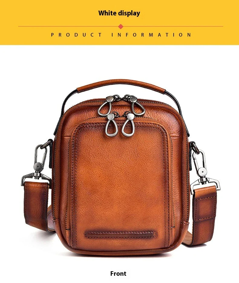 A rugged, retro-inspired cowhide messenger bag made in New Zealand, featuring a spacious interior, multiple pockets, and a comfortable single strap design.