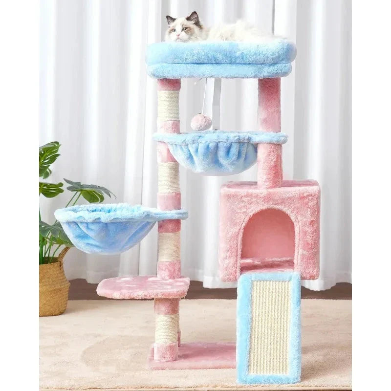 A stylish and sturdy cat tree with multiple levels, scratching posts, and cosy hammocks for your indoor cat's playtime and relaxation.