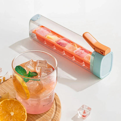 One-hand press ice cube maker with storage box, made of food-grade materials for effortless ice making