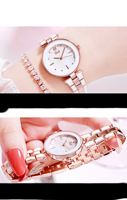 Stylish Korean-inspired ladies watch with white dial, rose gold accents, and quartz movement