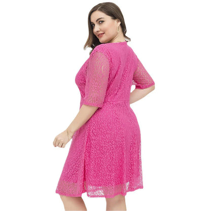 Stylish relaxed-fit v-neck lace dress in rose red color, featuring a flattering A-line silhouette and premium polyester fabric