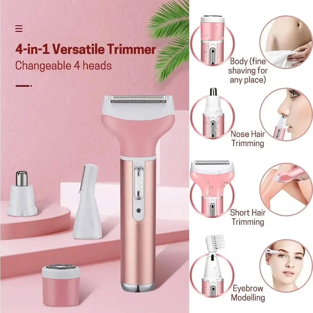 4-in-1 Electric Lady Shaver with four interchangeable heads for versatile hair removal and exfoliation