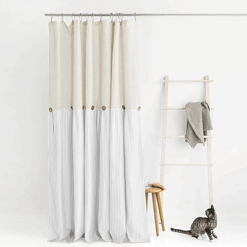 Premium cotton shower curtain with grey stripe pattern, pleated details, and waterproof lower section for Kiwi bathrooms