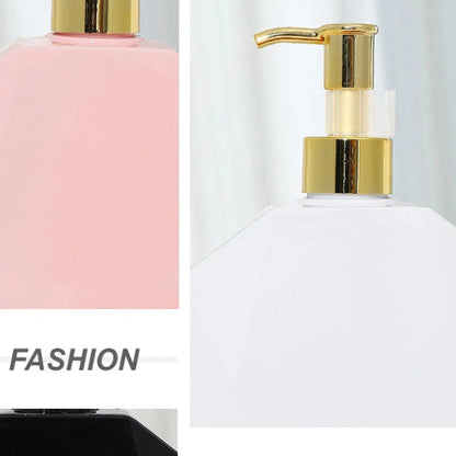 Trendha 300ml Refillable Polygonal Pump Bottle in white, black, and pink colours for stylish bathroom and kitchen organization