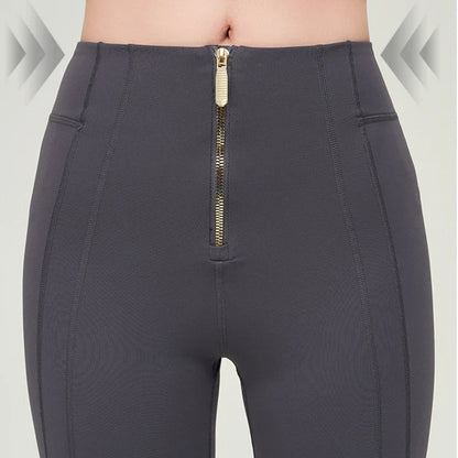 Premium nylon bell-bottom trousers with slimming high-waist design, perfect for Kiwi women's fitness and everyday style.