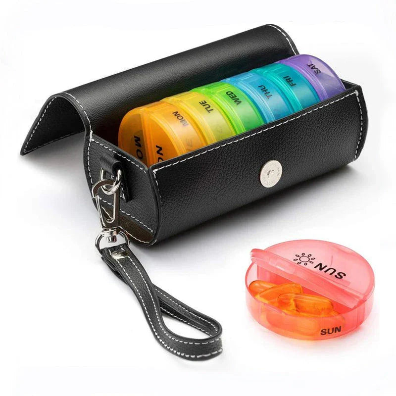 7-Day Pill Box Travel Weekly Medicine Organizer with clear day and night markings, made of durable, BPA-free materials