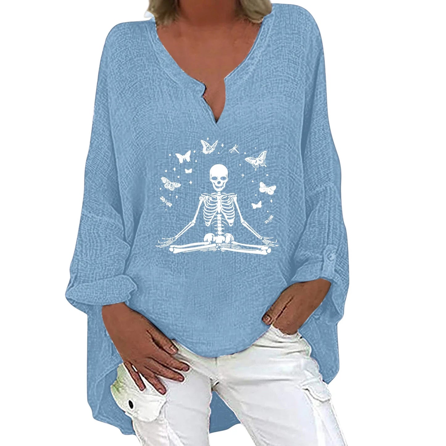 Trendha women's long sleeve shirt with Halloween-themed print, made from a soft cotton-linen blend fabric