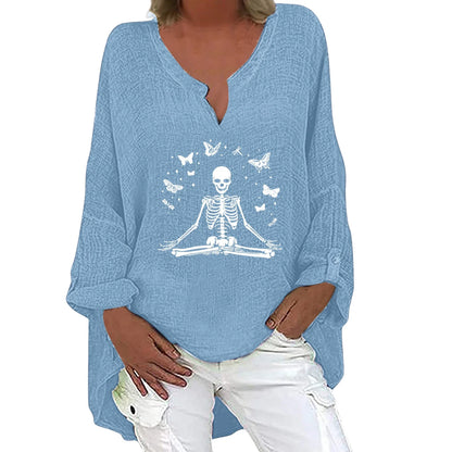 Trendha women's long sleeve shirt with Halloween-themed print, made from a soft cotton-linen blend fabric