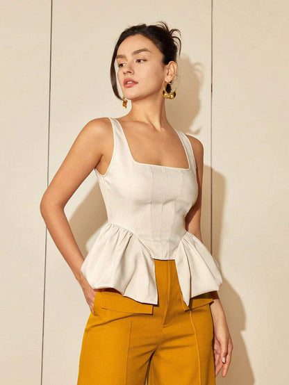 Chic square neck asymmetric hem top in beige, featuring a refined neckline and contemporary silhouette for effortless elegance