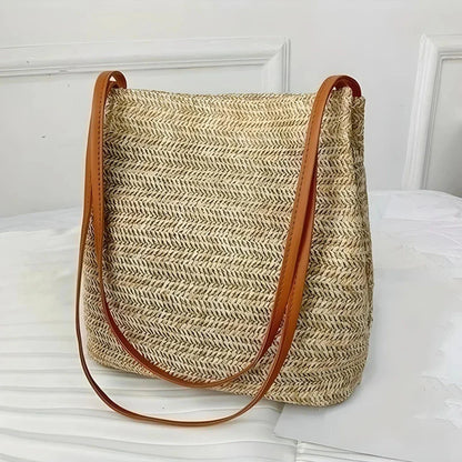 Bohemian straw woven shoulder bag in beige color, featuring a secure hasp closure and a lightweight, durable design for summer adventures.