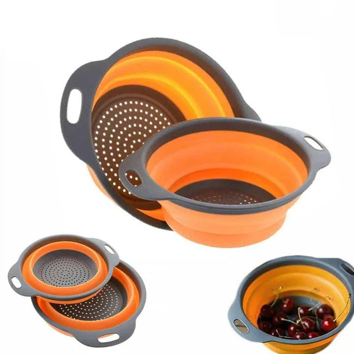 Folding Silicone Colander for Kiwi kitchens, available in large and small sizes, featuring a durable, flexible, and space-saving design.