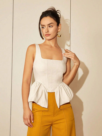 Chic square neck asymmetric hem top in beige, featuring a refined neckline and contemporary silhouette for effortless elegance