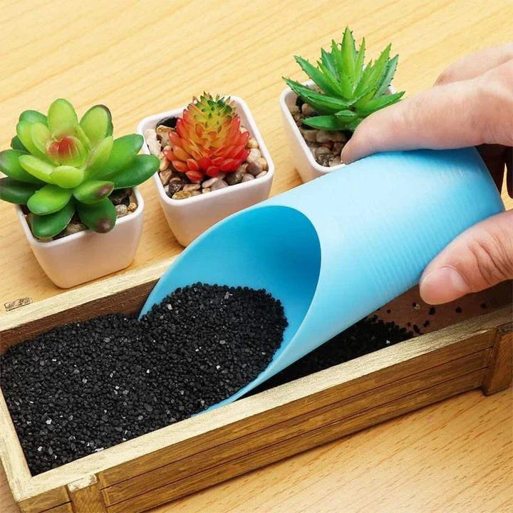 A 4-piece gardening tool set including a soil scoop, hand shovel, multi-use bucket, and seedling transplanter