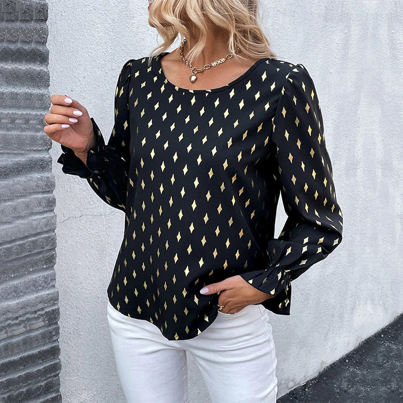 Stylish long-sleeved shirt for Kiwi women featuring a gold-plated pattern and premium polyester construction