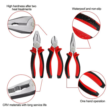 Multifunctional Universal Pliers Set with 8" combo pliers, 6" diagonal cutters, and 6" long-nose pliers made from durable chrome vanadium steel