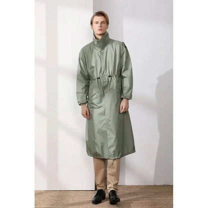 Men's Long Outdoor Waterproof Raincoat with Full-Body Zipper in Light Green Color