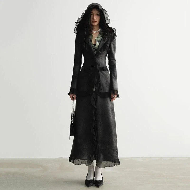 Stylish long sleeve hooded suede and PU leather overcoat for women, featuring a unique mesh patchwork design and single-breasted cut