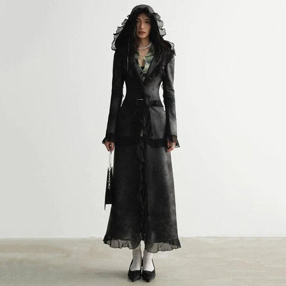 Stylish long sleeve hooded suede and PU leather overcoat for women, featuring a unique mesh patchwork design and single-breasted cut