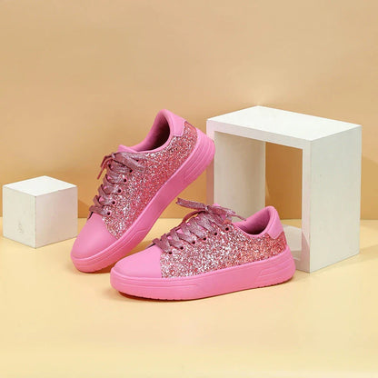 Stylish sequin sneakers for Kiwi women with thick soles and trendy lace-up design, available in various vibrant colours