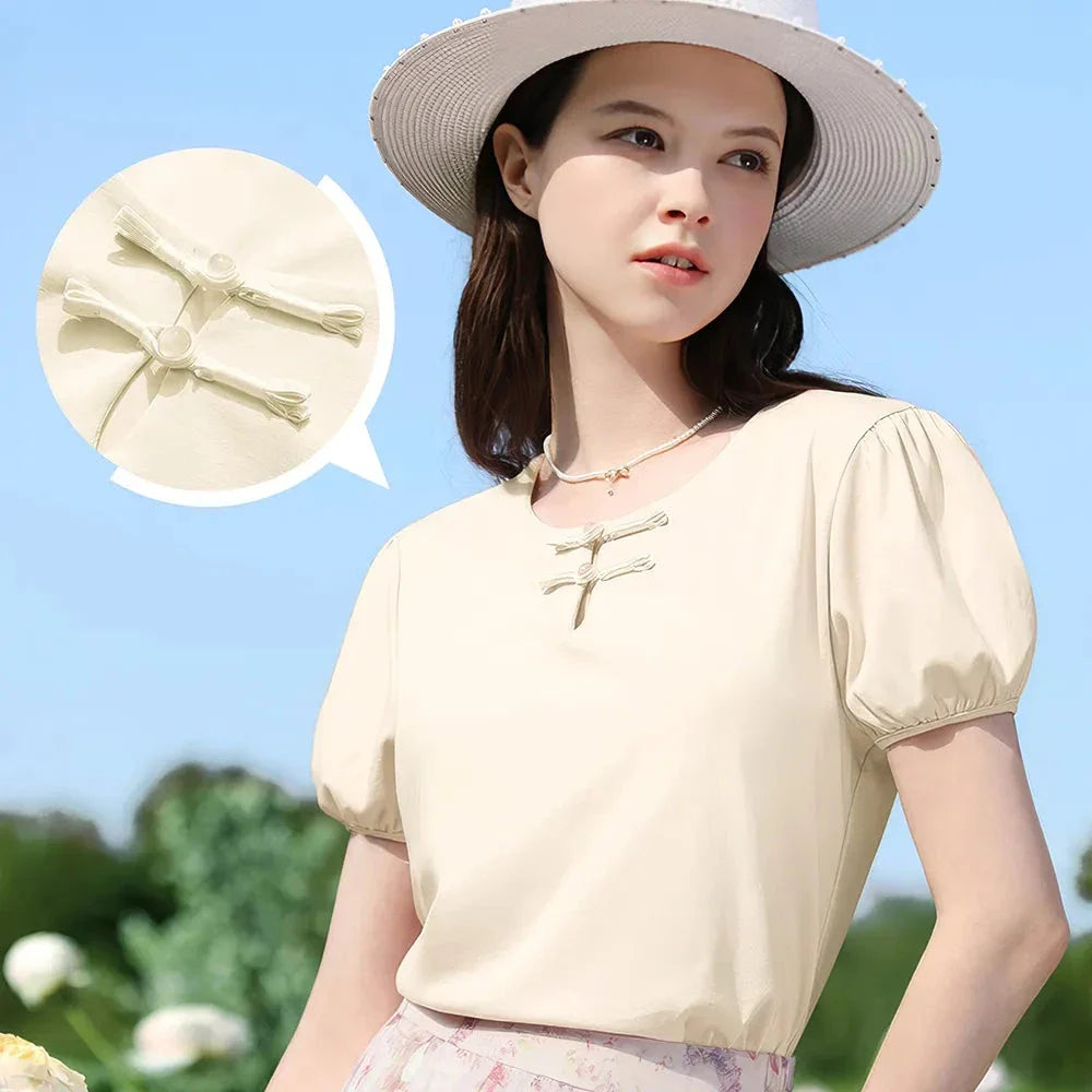 Stylish puff-sleeve summer top with elegant Chinese-inspired design and comfortable cotton-spandex blend fabric