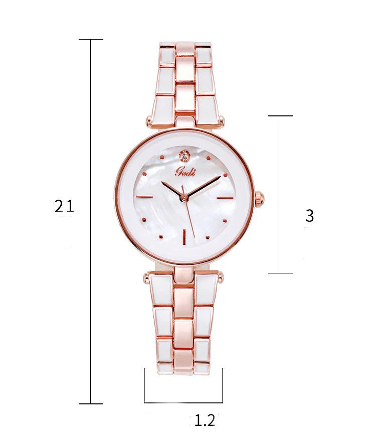 Stylish Korean-inspired ladies watch with white dial, rose gold accents, and quartz movement