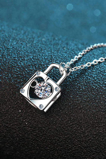 Elegant Moissanite Lock Pendant Necklace with 925 sterling silver, moissanite centre stone, and zircon accents