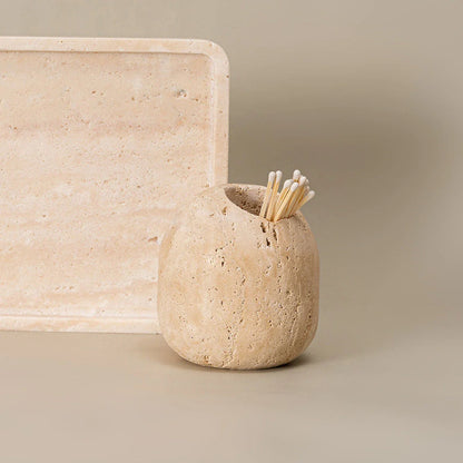 Elegant beige travertine stone match holder and toothpick jar with a vintage-inspired design, perfect for adding timeless charm to Kiwi homes.