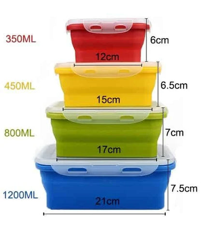 Folding silicone food storage containers in various sizes and colors, perfect for Kiwi kitchens