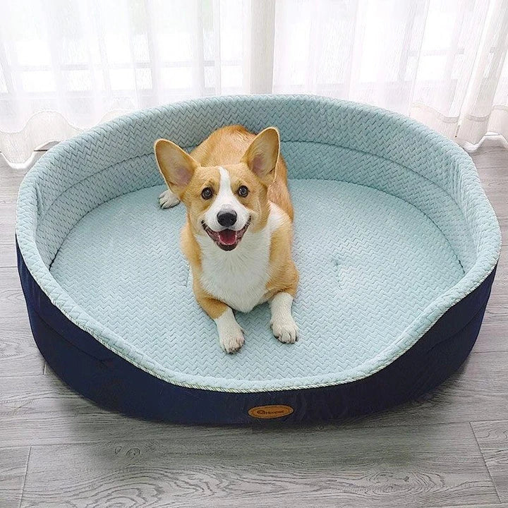 Comfy Kiwi Pup Bed with Soft Plush Material and Polka Dot Pattern