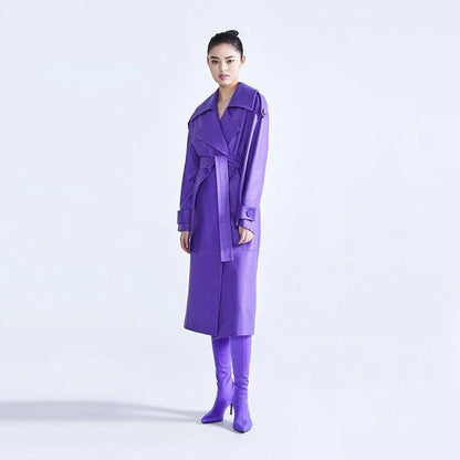 Elegant purple faux leather trench coat with adjustable waist and full-length sleeves for a tailored fit and stylish look