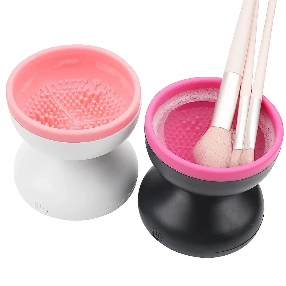 Compact electric makeup brush cleaner and dryer with USB-powered, silicone-crafted, and automatic cleaning features