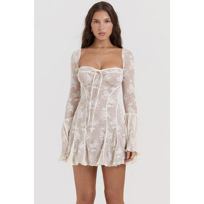 Elegant floral lace backless mini dress with a sophisticated square collar and flare sleeves