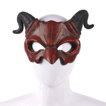 A terrifying Halloween mask with twisted horns and jagged fangs, crafted from premium acrylic materials