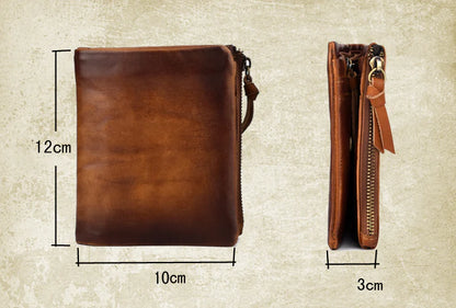 Rugged retro men's wallet made from premium New Zealand cowhide with secure double zipper closure