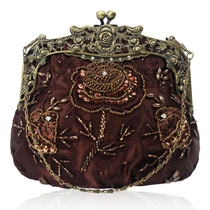 Bead embroidered fashion bag with silk surface, nylon exterior, and magnetic buckle closure