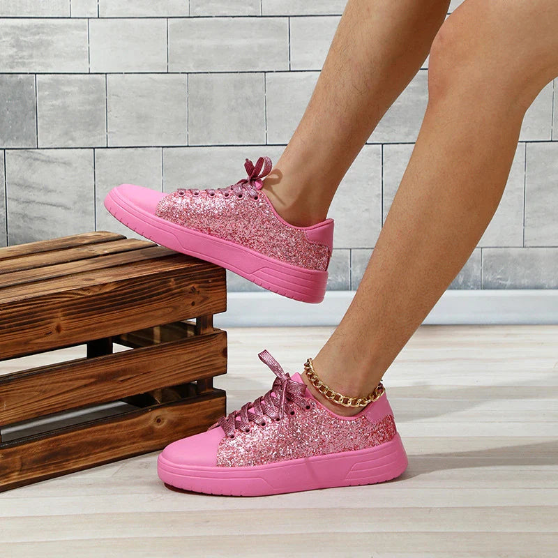 Stylish sequin sneakers for Kiwi women with thick soles and trendy lace-up design, available in various vibrant colours