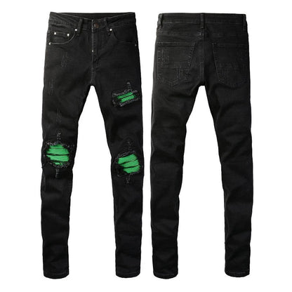 Men's Black Ripped Jeans with Green Patchwork Sustainable Fashion Design