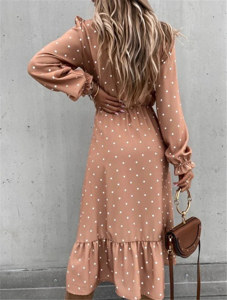 Polka dot long sleeve dress in skyblue and apricot colors, featuring a V-neck and A-line silhouette for a flattering, professional look